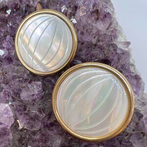 Vintage 80s Large Faux Gold Mother of Pearl Round Earrings Statement Big Retro